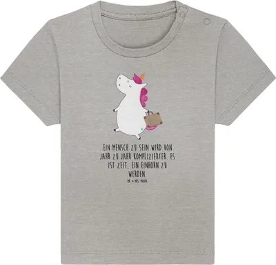 Produktbild von Mr. & Mrs. Panda  T-Shirt Einhorn Koffer 6. - 12. Monat - Heather Grey - Geschenk, Babyshirt, Öko Baby, Oberteil, Unicorn, Reise, Kinder Top, Spaß, Erwachsen, Organic