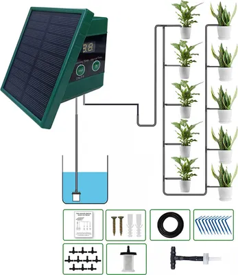 Obrázek produktu pro Solární kapací zavlažovací systém pro zahradu Digitální displej Automatický zavlažovací systém pro 10 rostlin v květináčích s 30x7 režimy časovače proti sifonu Sada kapací závlahy pro kutily se solárním panelem 33Ft potrubí pro venkovní vnitřní květiny a zeleninu