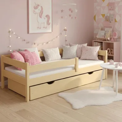 Produktbild von MEBLE WRÓBEL Kinderbett 80x180 cm mit Schublade, Rausfallschutz und Lattenrost - Kinder Bett Montessori - Jugendbet aus Kiefer Massivholz Unlackiert - Einzelbett ohne Matratze