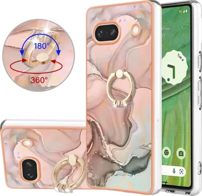A collage of images showcasing a phone case with a marble pattern and a ring stand.