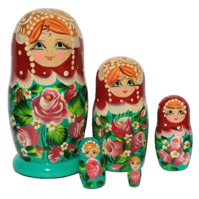 Produktbild von Matroschka Babuschka Matrjoschka Holzfiguren handbemalt Set 5 Puppen Rosen