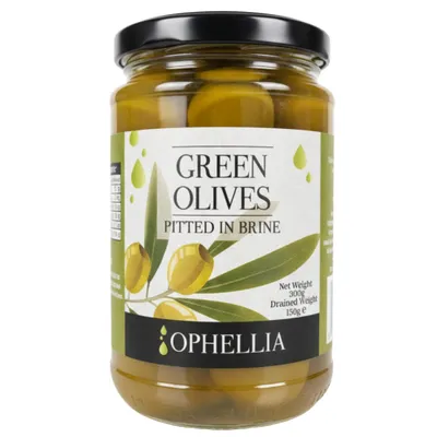 Ophellia Grüne Oliven ohne Kern 300 g Glas auf weißem Grund