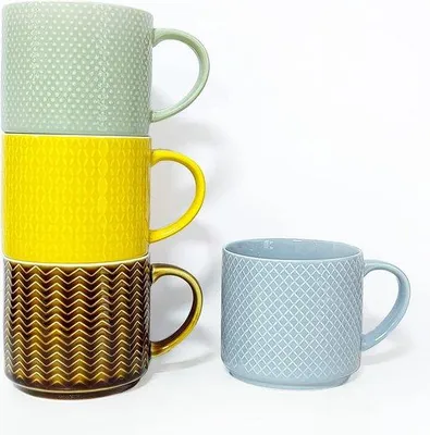Image de Lot de 4 tasses en céramique, 500 ml, tasses à café modernes, lot de tasses en porcelaine à motifs, lot de tasses à motifs, grandes, 4 couleurs, tasses empilables