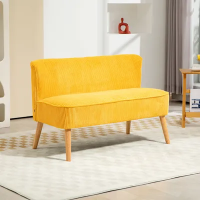 Zdjęcie produktu dla Sofa dwuosobowa HOMCOM, mała sofa dwuosobowa z wykończeniem w stylu sztruksowym, nowoczesna tapicerowana sofa do salonu, sypialni, małej przestrzeni, żółta, 117 x 56,5 x 77 cm