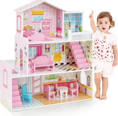 Produktbild von GOPLUS 3-stöckige Puppenhaus, Kinderpuppenhaus mit Süßes Möbelset & Zubehör, Puppenmöbel mit 5 Zimmern, Puppenstube Puppenvilla aus Holz für Kinder ab 3 Jahren, Rosa