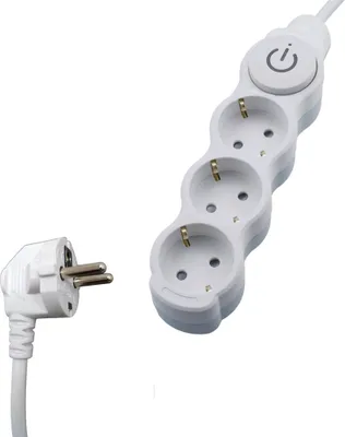 A white power strip with three outlets and a power button, and a white plug with a cable.