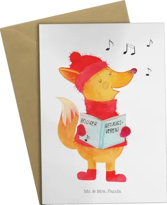 Produktbild von Mr. & Mrs. Panda Grußkarte Fuchs Sänger - Weiß - Geschenk, Singen, hochzeitskarten, Winter, Weihnachtslieder, Füchse, weihnachtskarten, Weihnachten, osterkarten
