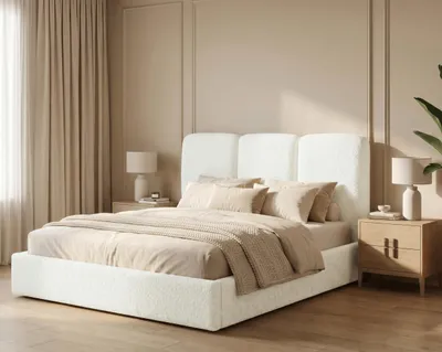 Zdjęcie produktu dla Łóżko tapicerowane 180x200 Mira boucle – łóżko z pojemnikiem na pościel i stelażem drewnianym, nowoczesne łóżko do sypialni, tkanina boucle – Kremowy