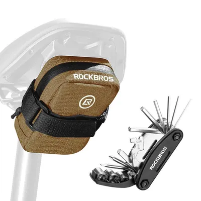 Obrázek produktu pro ROCKBROS 16-v-1 multifunkční sada na opravu kol s mini brašnou na sedlo, kompaktní a lehká, pro silniční kola a MTB, hnědá