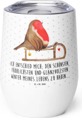 Produktbild von Mr. & Mrs. Panda Thermobecher Rotkehlchen Schlitten - Weiß - Geschenk, Weihnachten, Thermo Becher, Vogel, kaffee tasse, Edelstahlbecher, glühweinbecher, thermosbecher