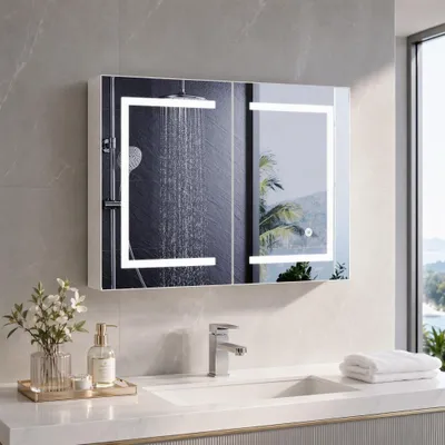 Produktbild von INONEFT Spiegelschrank Bad mit Beleuchtung, 80 x 60 x 13.5cm, Badezimmerschrank mit licht und Verstellbares Regale, Badschrank mit 2 Türen,Wandschrank