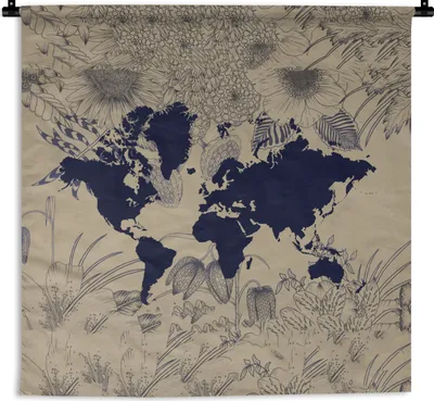 Produktbild von MuchoWow® Wandteppich Wandbehang Weltkarte - Pflanzen - Lila 150x150 cm Tapisserie Dekoration Wandtuch - Wohnaccessoires - Modernes