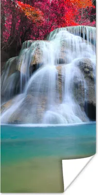 Produktbild von MuchoWow® Poster Wasserfall - Bäume - Rot - Landschaft - Natur 60x120 cm - Wandschmuck