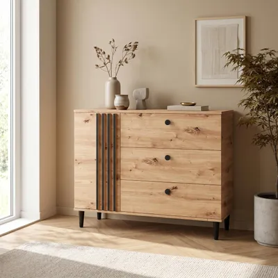Produktbild von Masseno Kommode ARTIANO 120 cm Sideboard mit 3 Schubladen und 1 Türen für Wohnzimmer Schlafzimmer Modern 120x40x92,5 cm Eiche Artisan