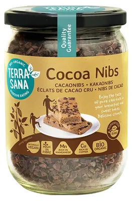 Productafbeelding van Terrasana Raw Cacao Nibs In Glas (230 gr), AI-gegenereerde afbeelding