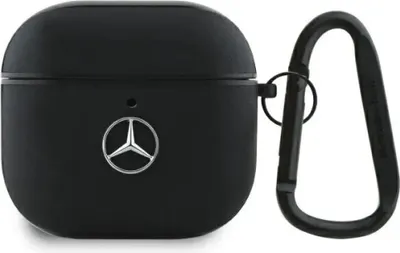 A black protective case for AirPods with a Mercedes-Benz logo on it, and a black carabiner attached.