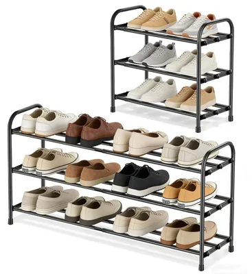 Zdjęcie produktu dla Półka na buty - 3-poziomowa, wysuwana - regulowana wysokość 43–78 cm - metalowa - idealna do przedpokoju i wąskich przestrzeni