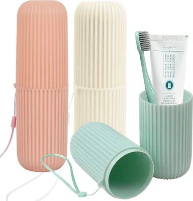Produktbild von Unyqoos® Reise-Zahnbürstenetui & Trinkbecher-Set, PP (lebensmittelgeeignet) – feuchtigkeits- und korrosionsbeständig, auslaufsicher, mit Trageschlaufe, Weiß/Grün/Rosa
