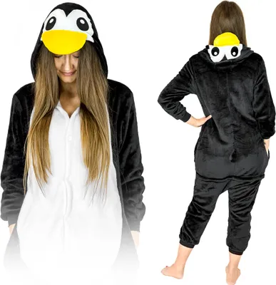 Produktbild von Jumpsuit Onesie für Damen und Herren - Sanft Kuschelig Uni Pyjama - Warme Schlafanzug - Karneval Kostüm - Karnevalskostüm- Größe 148-160 cm S - Pinguin