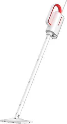 A white stick vacuum cleaner with red accents is shown against a white background.