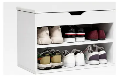 Produktbild von Schuhbank mit Holzsitzfläche, 60 x 30 x 43 cm, Schuhregal für 8 Paar Schuhe, Weiß