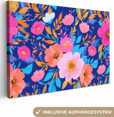 Obrázok produktu pre Obrazy na plátne 90x60 cm - Eklektické - Kvety - Modrá - Ružová, obraz Moderné, nástenné dekorácie, maľba