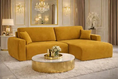 Image de Canapé d'angle   avec fonction couchage et coffre de rangement, canapé Ariel en velours en L, tissu Salvador, jaune, ? droite