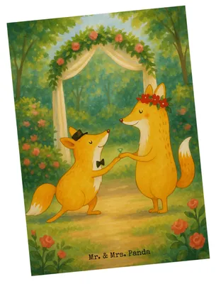 Produktbild von Mr. & Mrs. Panda Ansichtskarte Füchse Hochzeit Design - Weiß - Geschenk, Postkarten, Grußkarte, bildkarte, Ansichtskarten, Postkarte, Hochzeitskarte