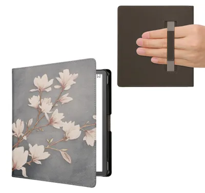 Produktbild von kwmobile Schutzhülle für Amazon Kindle Scribe (2022/2024) Hülle - eReader Flip Case mit Handschlaufe und Auto Sleep Funktion - Magnolien mit Taupe