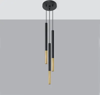 A black pendant light fixture with three cylindrical shades, each with a gold accent at the bottom, hanging from a black circular ceiling mount.