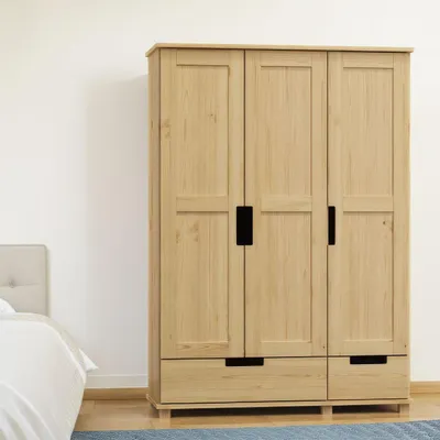 Produktbild von Kleiderschrank | 3 Drehtüren | 2 Schubladen | 4 Fächer | mit Kleiderstange | 120 cm breit | Massivholz | Farbe: Natur