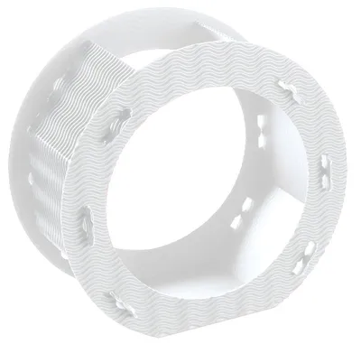 A white, cylindrical object with a wavy pattern and cutouts.