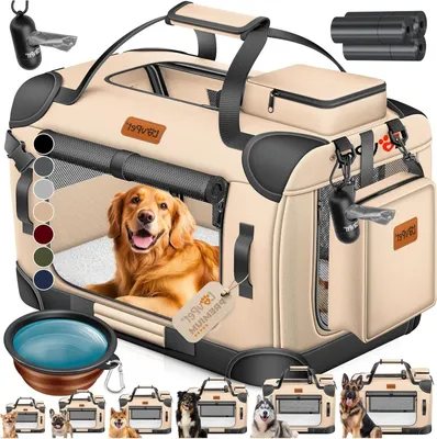 Image de Cage de transport pour chiens - Sac de voyage pour chats - Voyage en toute sécurité - Inclut un bol de nourriture - 91 x 64 x 64 cm - Beige