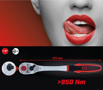 A marketing image showing a ratchet wrench with accompanying text and graphics, overlaid on a background featuring a person's mouth.
