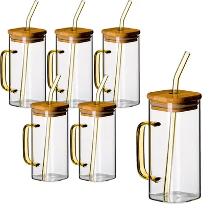 Produktbild von gouveo 6er Set Trinkgläser 350 ml gelb mit Henkel, Deckel und Strohhalm - Cocktailgläser aus Borosilikatglas - Glasbecher für Kalt- und Heißgetränke