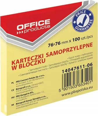 Zdjęcie produktu dla Bloczek samoprzylepny OFFICE PRODUCTS 76x76mm x 100szt. ŻÓŁTY