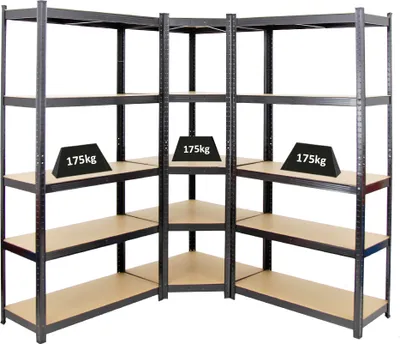 Produktbild von Mega Deal | 1x Eckregal + 2x Schwerlastregal Ragnar | HxBxT 180x160x40cm | Fachlast 175 kg | Schwarz