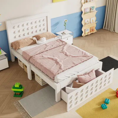 Image de OKWISH Lit Avec Rangement 90x200 - Lit Simple Avec Tiroirs Intégrés et Sommier, En MDF et Bois Massif, Sans Matelas, Blanc
