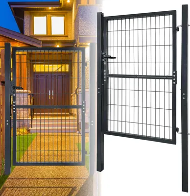 A black metal garden gate is shown in front of a house entrance.