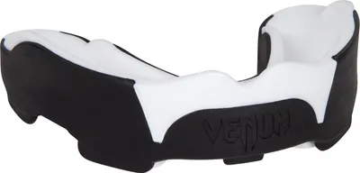 A black and white mouthguard is shown from a side angle on a white background.