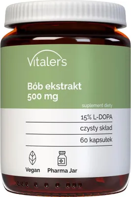 Produktbild von Vitaler's Saubohnenextrakt (L-DOPA) 500 mg - 60 Kapseln, vegan, 1 Monat Nahrungsergänzung, ohne Konservierungsstoffe, reine Zusammensetzung