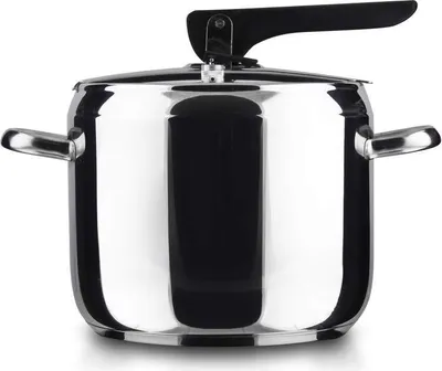A studio shot of a stainless steel pressure cooker with a black handle.