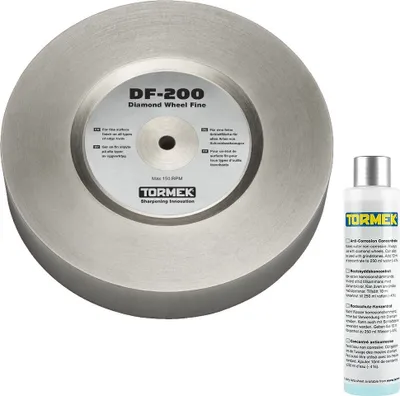 A Tormek DF-200 diamond grinding wheel and a bottle of anti-corrosion concentrate are displayed against a white background.