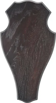 A dark brown wooden shield-shaped plaque with a gray border, isolated on a white background.