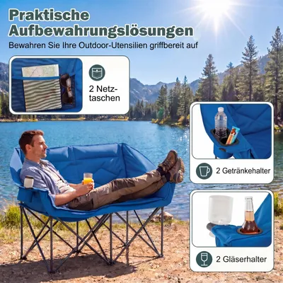 Produktbild von KOMFOTTEU Campingstuhl faltbar, doppelter Klappstuhl für 2 Personen bis 300 kg, gepolsterter Strandstuhl mit 2 Getränkehaltern, 2 Glashaltern & 2 Netztaschen, tragbarer Campingsessel für Camping & Garten