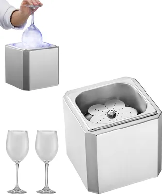 A collage of images showing a glass froster cooler, two wine glasses, and a close-up of the froster's interior.