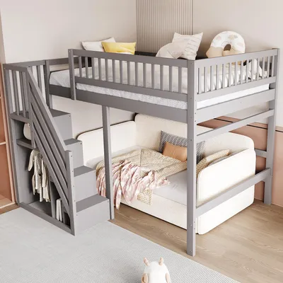 Produktbild von STILVORA Hochbett 140x200cm Jugendbett Einzelbett mit Rausfallschutz,Massivholzbett mit Stauraum Treppe&Lattenrost,Grau(Ohne Matratze)