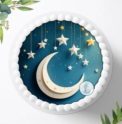 Produktbild von Für die Geburtstags Torte ein Tortenaufleger, Zuckerbild mit dem Motiv: Mond und Sterne, Essbares Foto für Torten, Fondant, Ø 20cm, 2343z