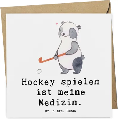 Produktbild von Mr. & Mrs. Panda Klappkarte Panda Hockey spielen - Weiß - Geschenk, Feldhockey, faltkarte, Grußkarte, anlasskarte, Glückwunschkarte, Verein, doppelkarte, Hockeyschläger