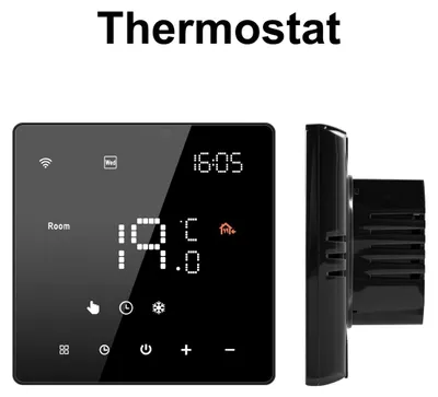 Obrázek produktu pro Termostat pro podlahové vytápění, LCD dotykový displej, digitální programování, Wi-Fi, kompatibilní s Alexa a Google Home, montáž do zdi, barva: černá/bílá